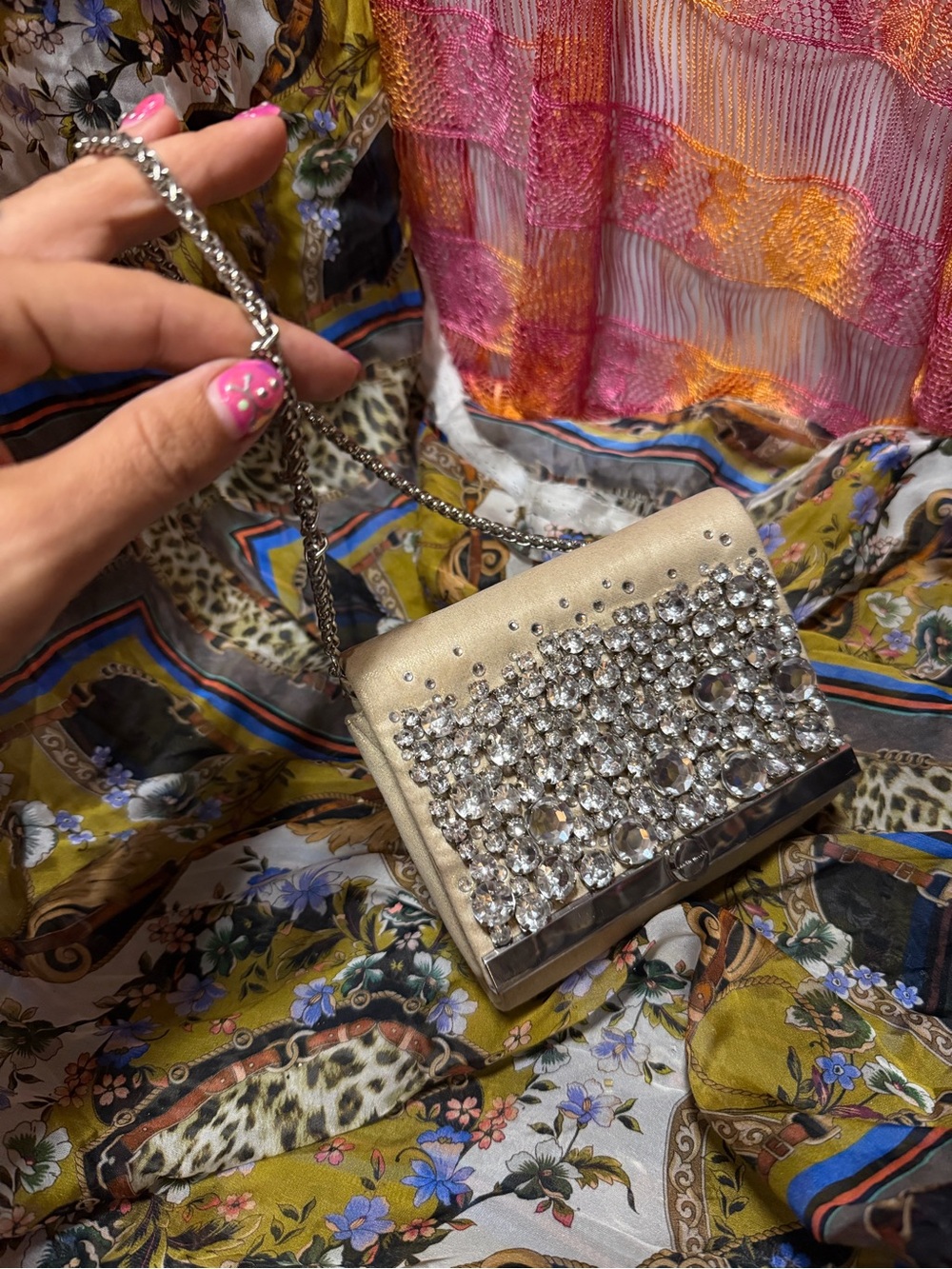 Crystal-Embellished Chain Shoulder Bag in Cream from Sony pictures costume dept